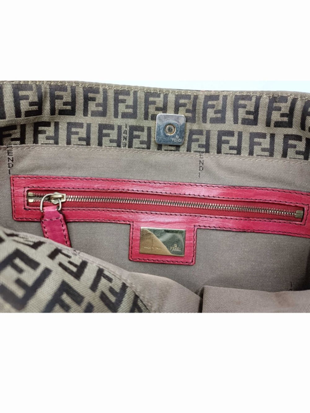 Fendi Brown FF Logo Canvas Tote with Red Leather Trim - Picture 2 of 10